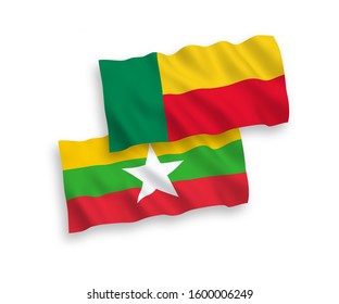National vector fabric wave flags of Benin and Myanmar isolated on white background. 1 to 2 proportion.