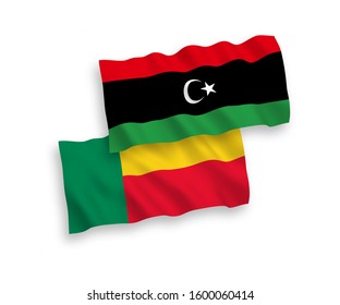 National vector fabric wave flags of Benin and Libya isolated on white background. 1 to 2 proportion.