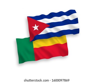 National vector fabric wave flags of Benin and Cuba isolated on white background. 1 to 2 proportion.