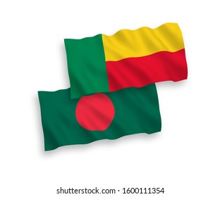 National vector fabric wave flags of Benin and Bangladesh isolated on white background. 1 to 2 proportion.