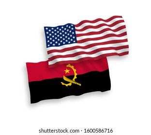 National vector fabric wave flags of Angola and USA isolated on white background. 1 to 2 proportion.