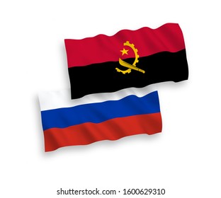 National vector fabric wave flags of Angola and Russia isolated on white background. 1 to 2 proportion.