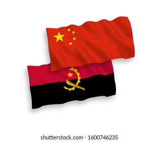 National vector fabric wave flags of Angola and China isolated on white background 1 to 2 proportion.
