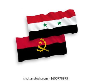 National vector fabric wave flags of Angola and Syria isolated on white background. 1 to 2 proportion.
