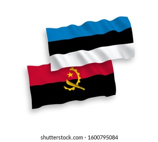 National vector fabric wave flags of Estonia and Angola isolated on white background. 1 to 2 proportion.