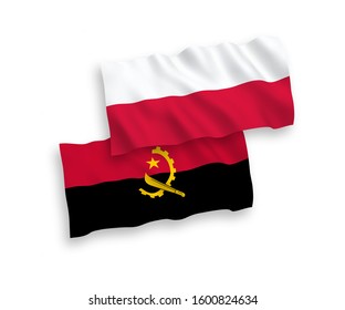 National vector fabric wave flags of Angola and Poland isolated on white background. 1 to 2 proportion.