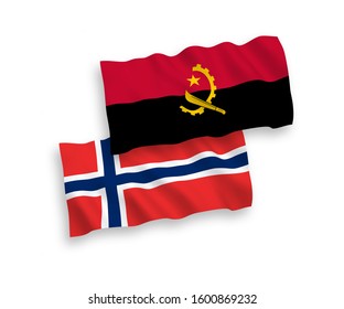 National vector fabric wave flags of Norway and Angola isolated on white background. 1 to 2 proportion.