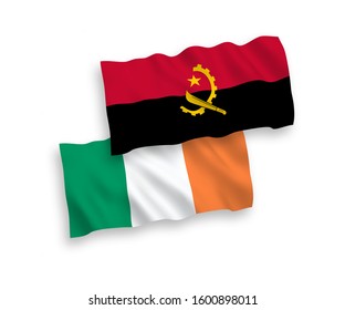 National vector fabric wave flags of Ireland and Angola isolated on white background. 1 to 2 proportion.