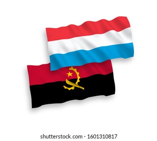 National vector fabric wave flags of Angola and Luxembourg isolated on white background. 1 to 2 proportion.