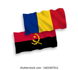 National vector fabric wave flags of Romania and Angola isolated on white background. 1 to 2 proportion.