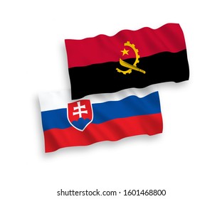 National vector fabric wave flags of Slovakia and Angola isolated on white background. 1 to 2 proportion.