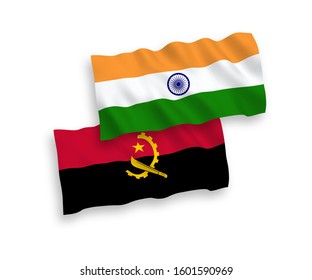 National vector fabric wave flags of India and Angola isolated on white background. 1 to 2 proportion.