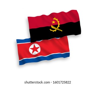 National vector fabric wave flags of North Korea and Angola isolated on white background. 1 to 2 proportion.