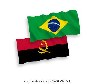 National vector fabric wave flags of Brazil and Angola isolated on white background. 1 to 2 proportion.