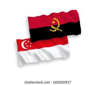 National vector fabric wave flags of Angola and Singapore isolated on white background. 1 to 2 proportion.