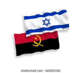 National vector fabric wave flags of Angola and Israel isolated on white background. 1 to 2 proportion.