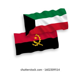 National vector fabric wave flags of Angola and Kuwait isolated on white background. 1 to 2 proportion.