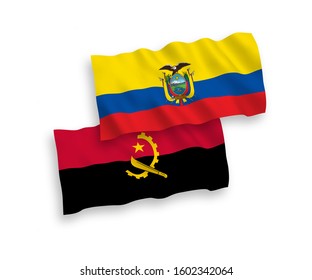 National vector fabric wave flags of Angola and Ecuador isolated on white background. 1 to 2 proportion.