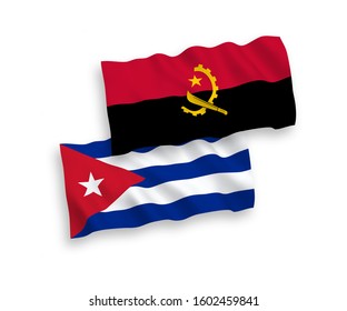 National vector fabric wave flags of Angola and Cuba isolated on white background. 1 to 2 proportion.