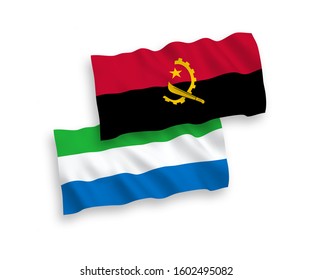 National vector fabric wave flags of Angola and Sierra Leone isolated on white background. 1 to 2 proportion.