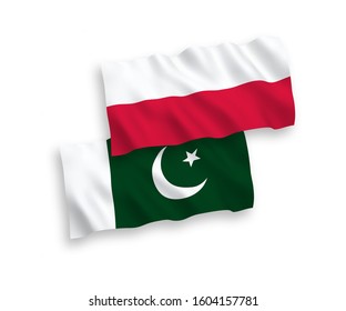 National vector fabric wave flags of Pakistan and Poland isolated on white background. 1 to 2 proportion.
