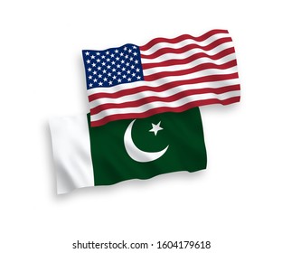 National vector fabric wave flags of Pakistan and USA isolated on white background. 1 to 2 proportion.