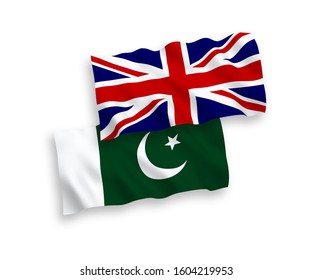 National vector fabric wave flags of Great Britain and Pakistan isolated on white background. 1 to 2 proportion.