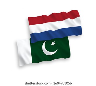 National vector fabric wave flags of Pakistan and Netherlands isolated on white background. 1 to 2 proportion.