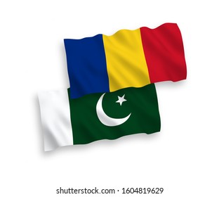 National vector fabric wave flags of Romania and Pakistan isolated on white background. 1 to 2 proportion.
