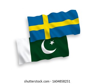 National vector fabric wave flags of Sweden and Pakistan isolated on white background. 1 to 2 proportion.