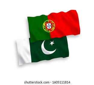 National vector fabric wave flags of Portugal and Pakistan isolated on white background. 1 to 2 proportion.