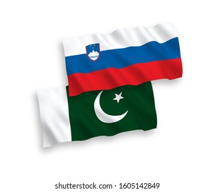 National vector fabric wave flags of Slovenia and Pakistan isolated on white background. 1 to 2 proportion.