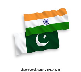 National vector fabric wave flags of India and Pakistan isolated on white background. 1 to 2 proportion.