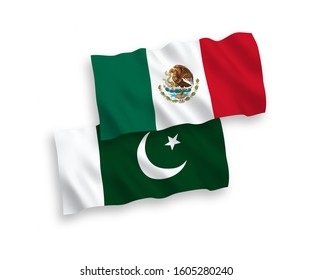 National vector fabric wave flags of Mexico and Pakistan isolated on white background. 1 to 2 proportion.