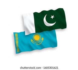 National vector fabric wave flags of Kazakhstan and Pakistan isolated on white background. 1 to 2 proportion.