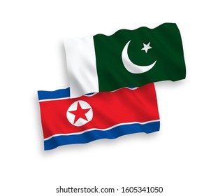 National vector fabric wave flags of North Korea and Pakistan isolated on white background. 1 to 2 proportion.