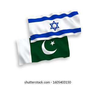 National vector fabric wave flags of Pakistan and Israel isolated on white background. 1 to 2 proportion.