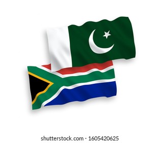 National vector fabric wave flags of Pakistan and Republic of South Africa isolated on white background. 1 to 2 proportion.