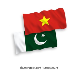 National vector fabric wave flags of Pakistan and Vietnam isolated on white background. 1 to 2 proportion.