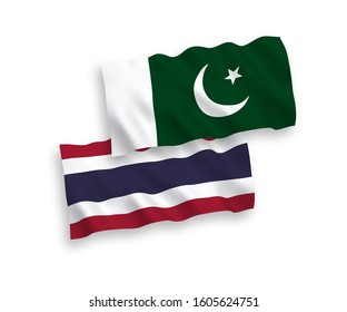 National vector fabric wave flags of Pakistan and Thailand isolated on white background. 1 to 2 proportion.