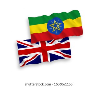 National vector fabric wave flags of Great Britain and Ethiopia isolated on white background. 1 to 2 proportion.