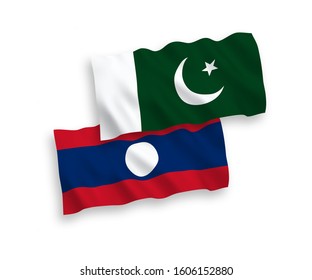 National vector fabric wave flags of Pakistan and Laos isolated on white background. 1 to 2 proportion.