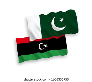 National vector fabric wave flags of Pakistan and Libya isolated on white background. 1 to 2 proportion.