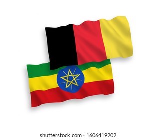 National vector fabric wave flags of Ethiopia and Belgium isolated on white background. 1 to 2 proportion.