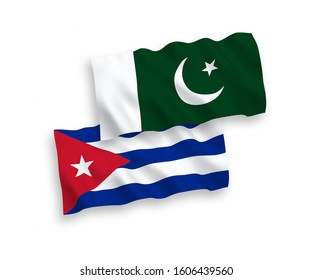 National vector fabric wave flags of Pakistan and Cuba isolated on white background. 1 to 2 proportion.