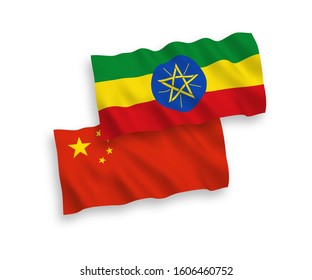 National vector fabric wave flags of Ethiopia and China isolated on white background 1 to 2 proportion.
