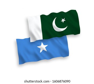 National vector fabric wave flags of Pakistan and Somalia isolated on white background. 1 to 2 proportion.