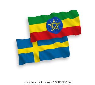 National vector fabric wave flags of Sweden and Ethiopia isolated on white background. 1 to 2 proportion.