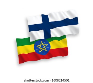National vector fabric wave flags of Finland and Ethiopia isolated on white background. 1 to 2 proportion.