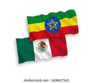 National vector fabric wave flags of Mexico and Ethiopia isolated on white background. 1 to 2 proportion.